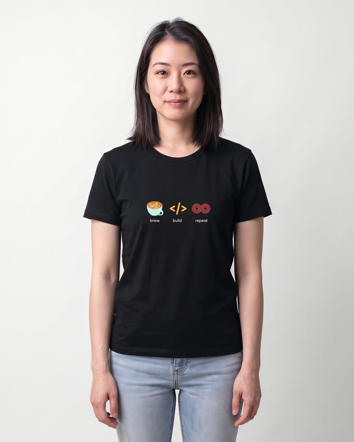 Brew Build Repeat in Black on Bella+Canvas 3001, worn by Sophie. AI-generated model.