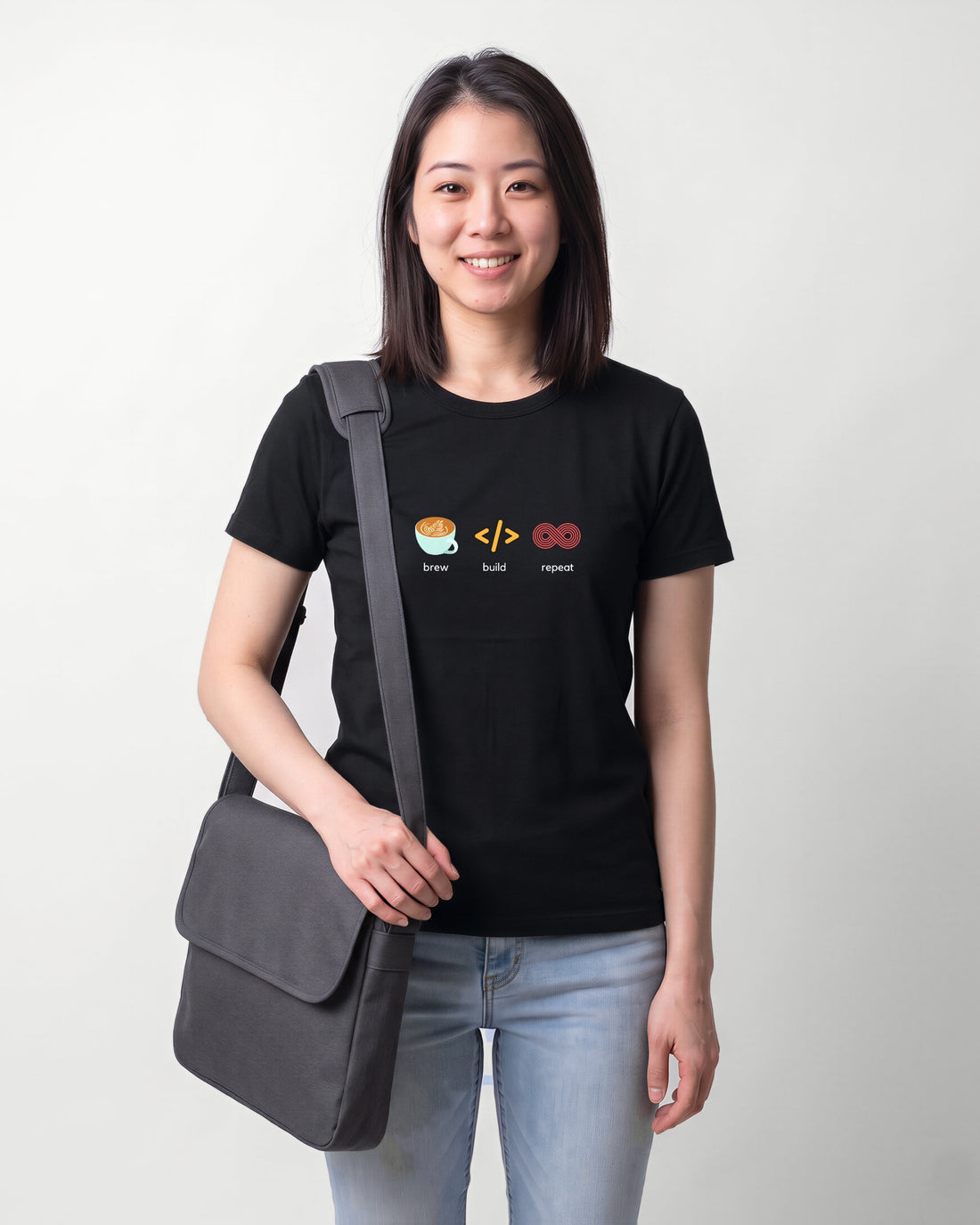 Brew Build Repeat in Black on Bella+Canvas 3001, worn by Sophie. AI-generated model.