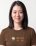 Brew Build Repeat in Brown on Bella+Canvas 3001, worn by Sophie. AI-generated model.