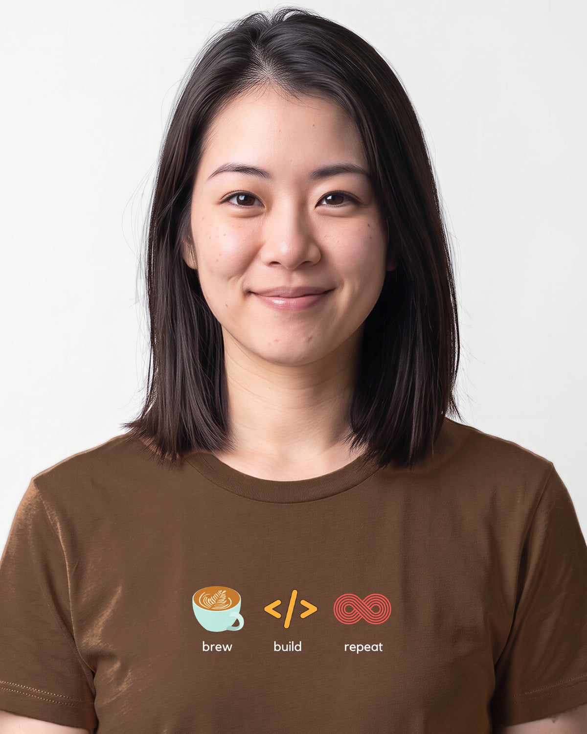 Brew Build Repeat in Brown on Bella+Canvas 3001, worn by Sophie. AI-generated model.