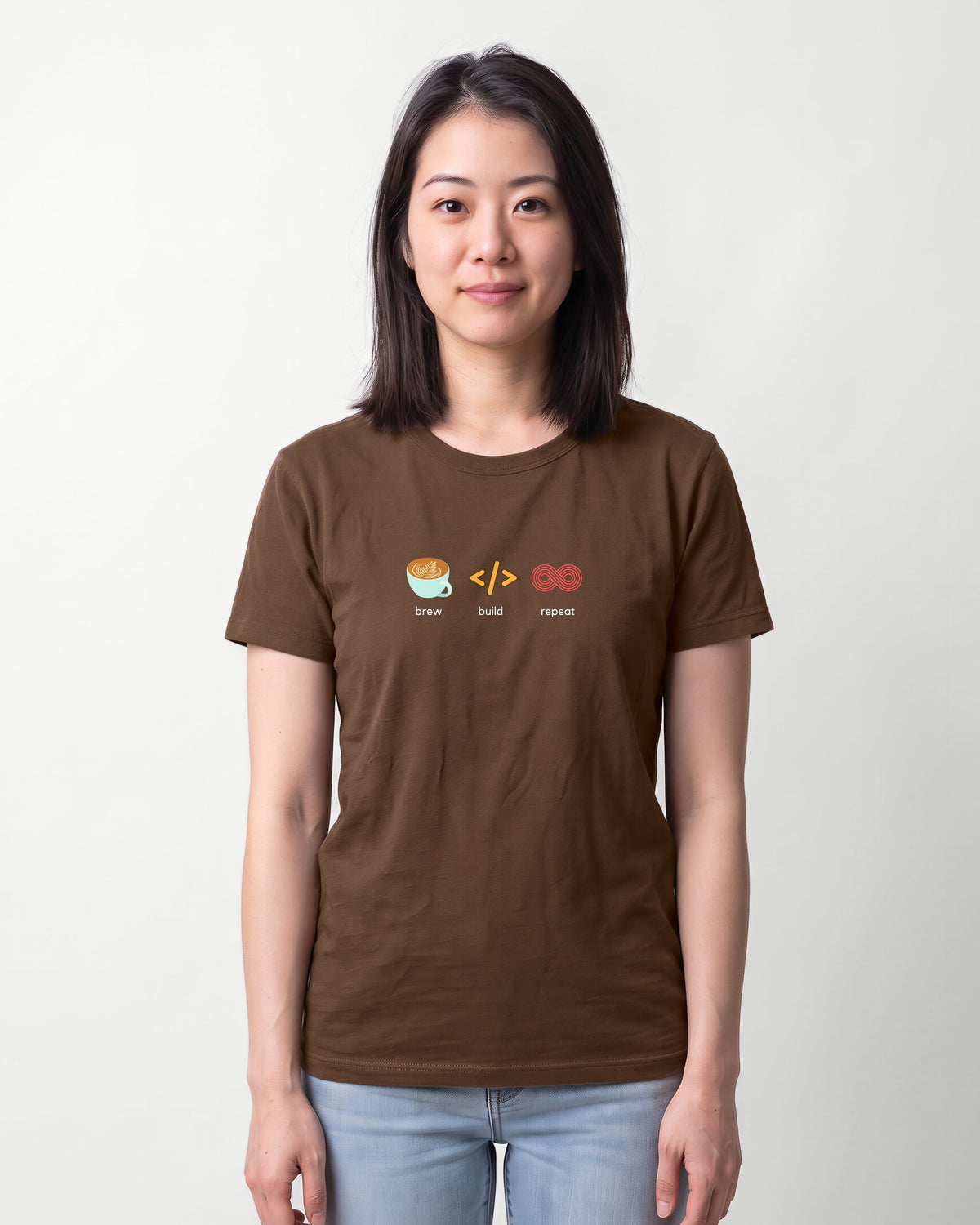 Brew Build Repeat in Brown on Bella+Canvas 3001, worn by Sophie. AI-generated model.
