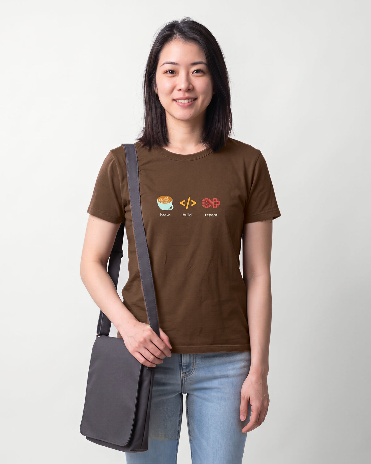 Brew Build Repeat in Brown on Bella+Canvas 3001, worn by Sophie. AI-generated model.