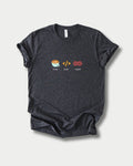 Brew Build Repeat in Dark Grey Heather on Bella+Canvas 3001, laid flat.