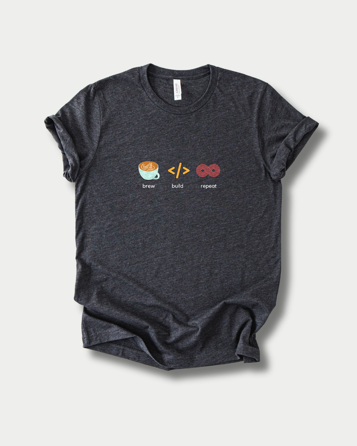 Brew Build Repeat in Dark Grey Heather on Bella+Canvas 3001, laid flat.