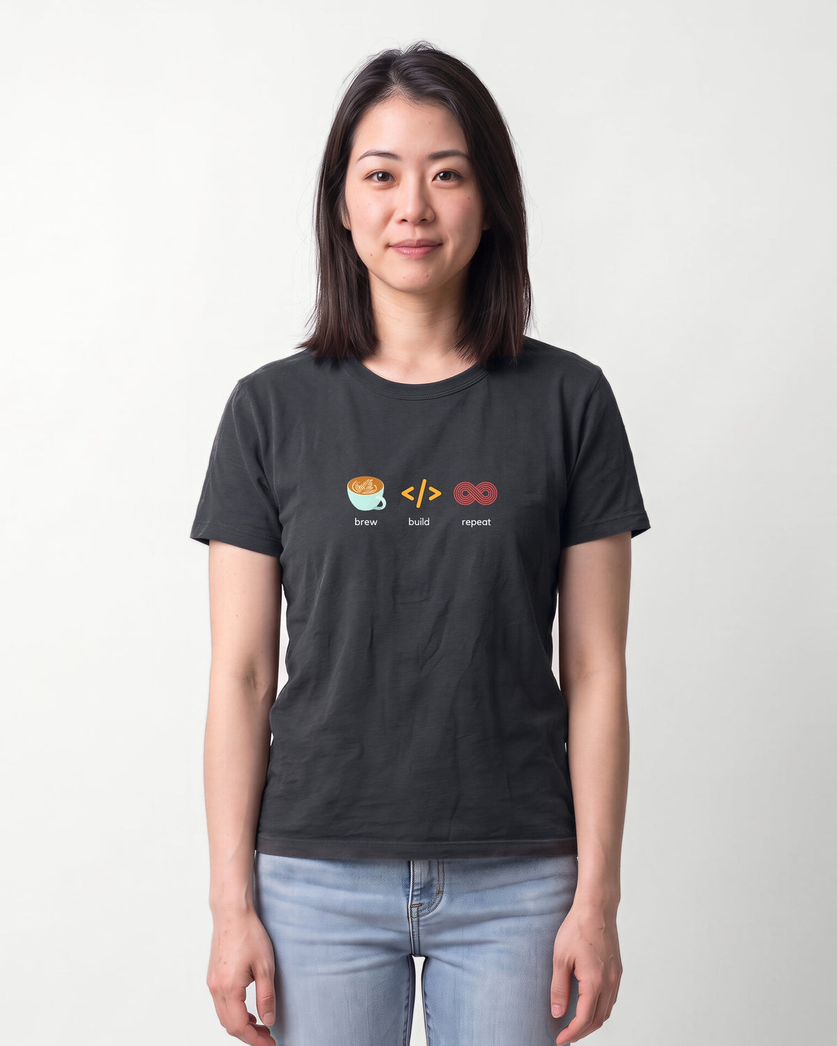 Brew Build Repeat in Dark Grey Heather on Bella+Canvas 3001, worn by Sophie. AI-generated model.