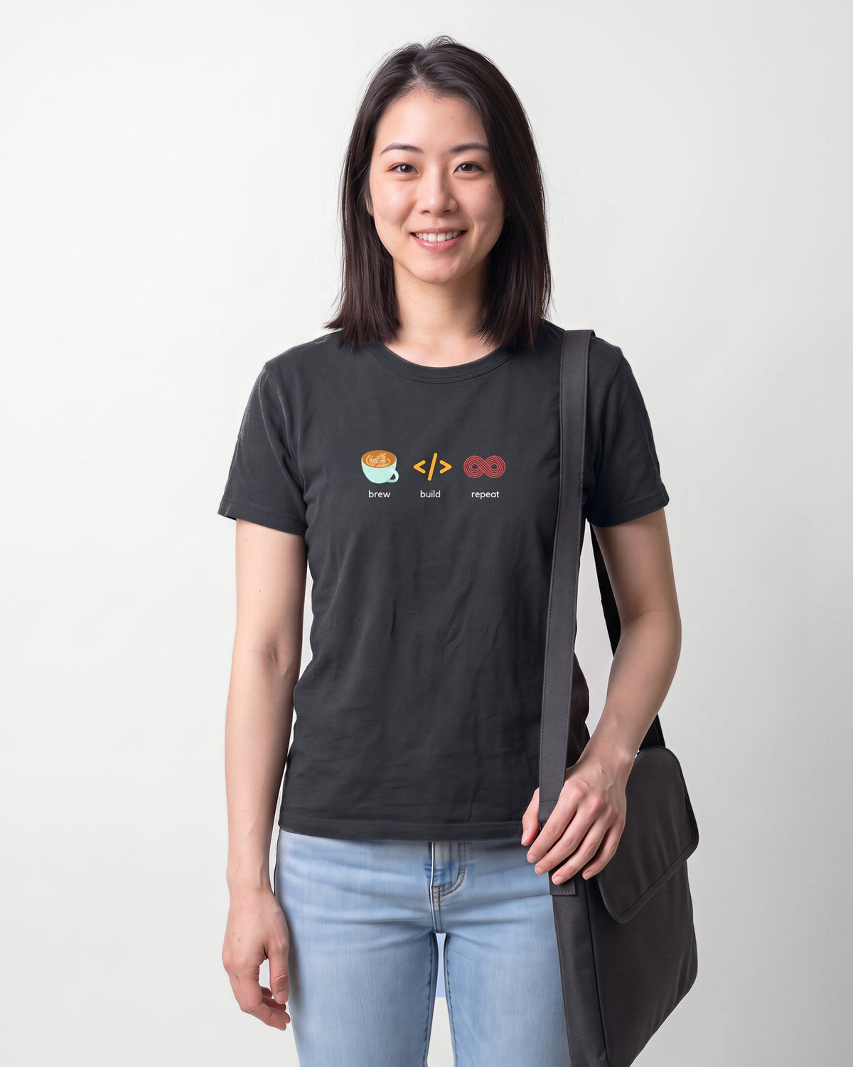 Brew Build Repeat in Dark Grey Heather on Bella+Canvas 3001, worn by Sophie. AI-generated model.