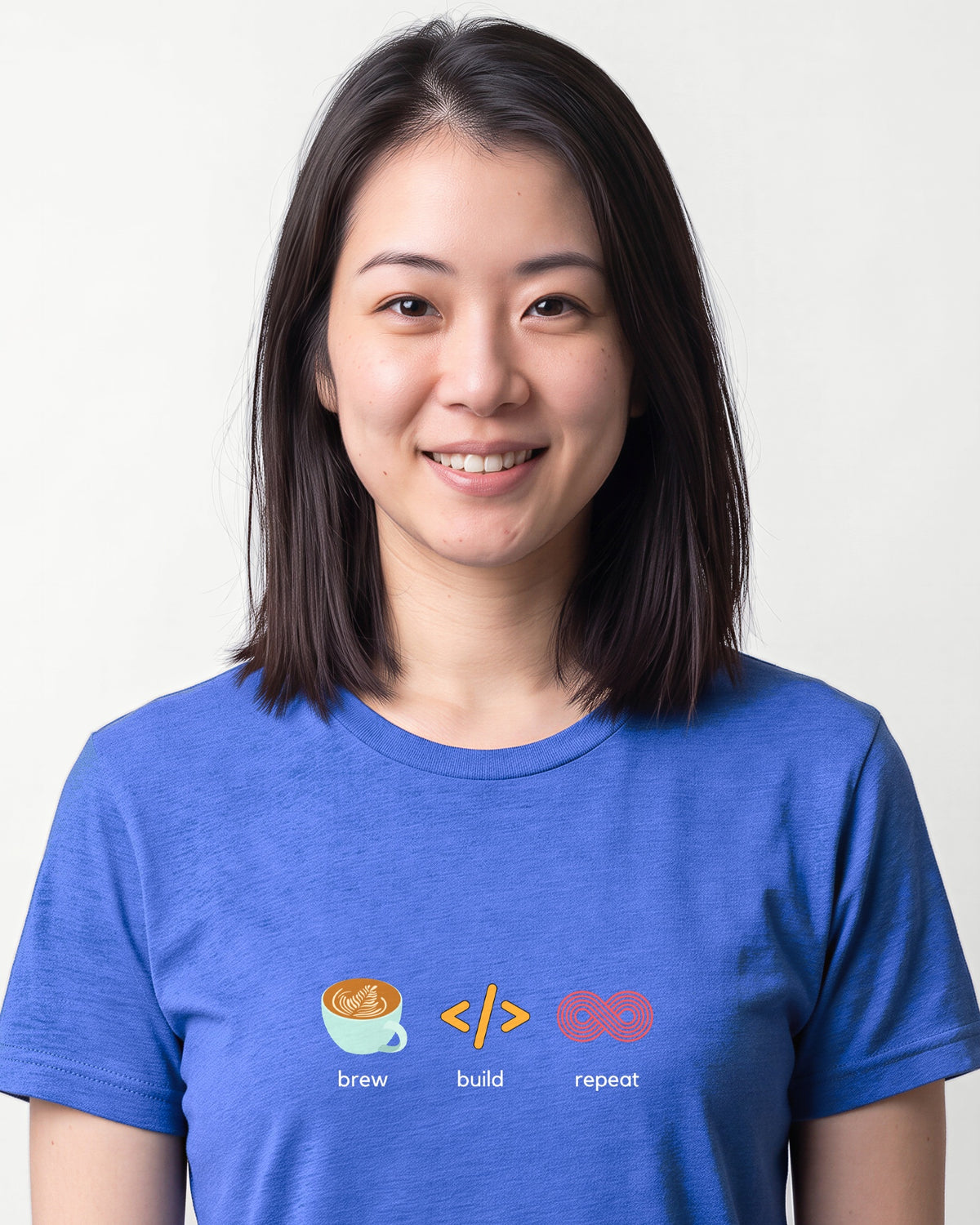 Brew Build Repeat in Heather True Royal on Bella+Canvas 3001, worn by Sophie. AI-generated model.