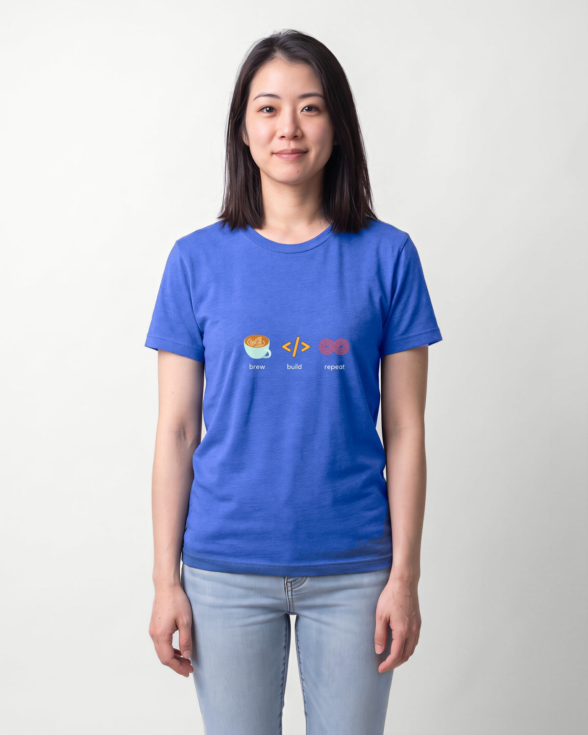 Brew Build Repeat in Heather True Royal on Bella+Canvas 3001, worn by Sophie. AI-generated model.