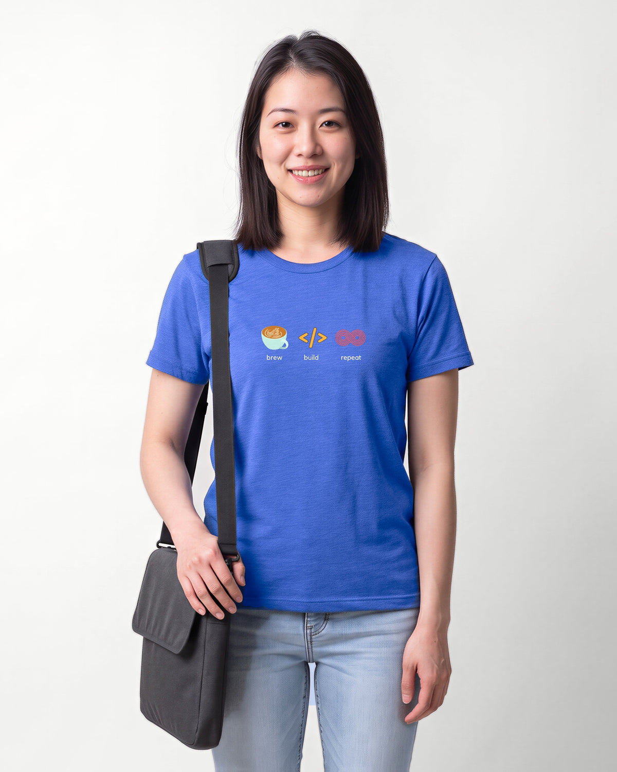 Brew Build Repeat in Heather True Royal on Bella+Canvas 3001, worn by Sophie. AI-generated model.