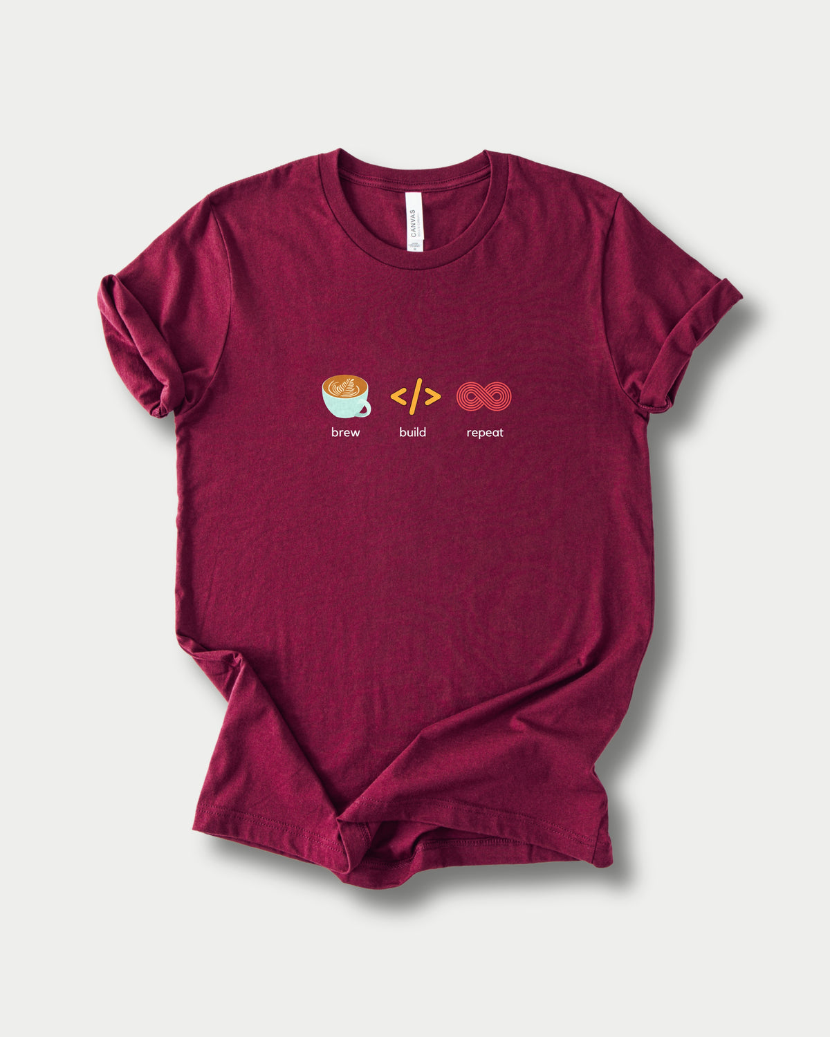 Brew Build Repeat in Maroon on Bella+Canvas 3001, laid flat.
