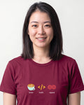 Brew Build Repeat in Maroon on Bella+Canvas 3001, worn by Sophie. AI-generated model.