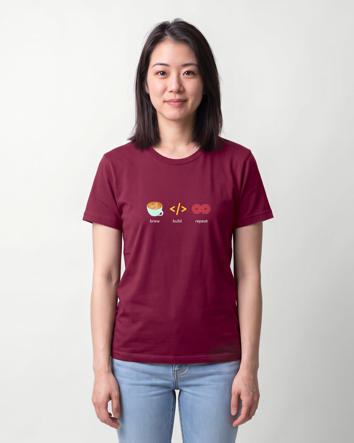 Brew Build Repeat in Maroon on Bella+Canvas 3001, worn by Sophie. AI-generated model.