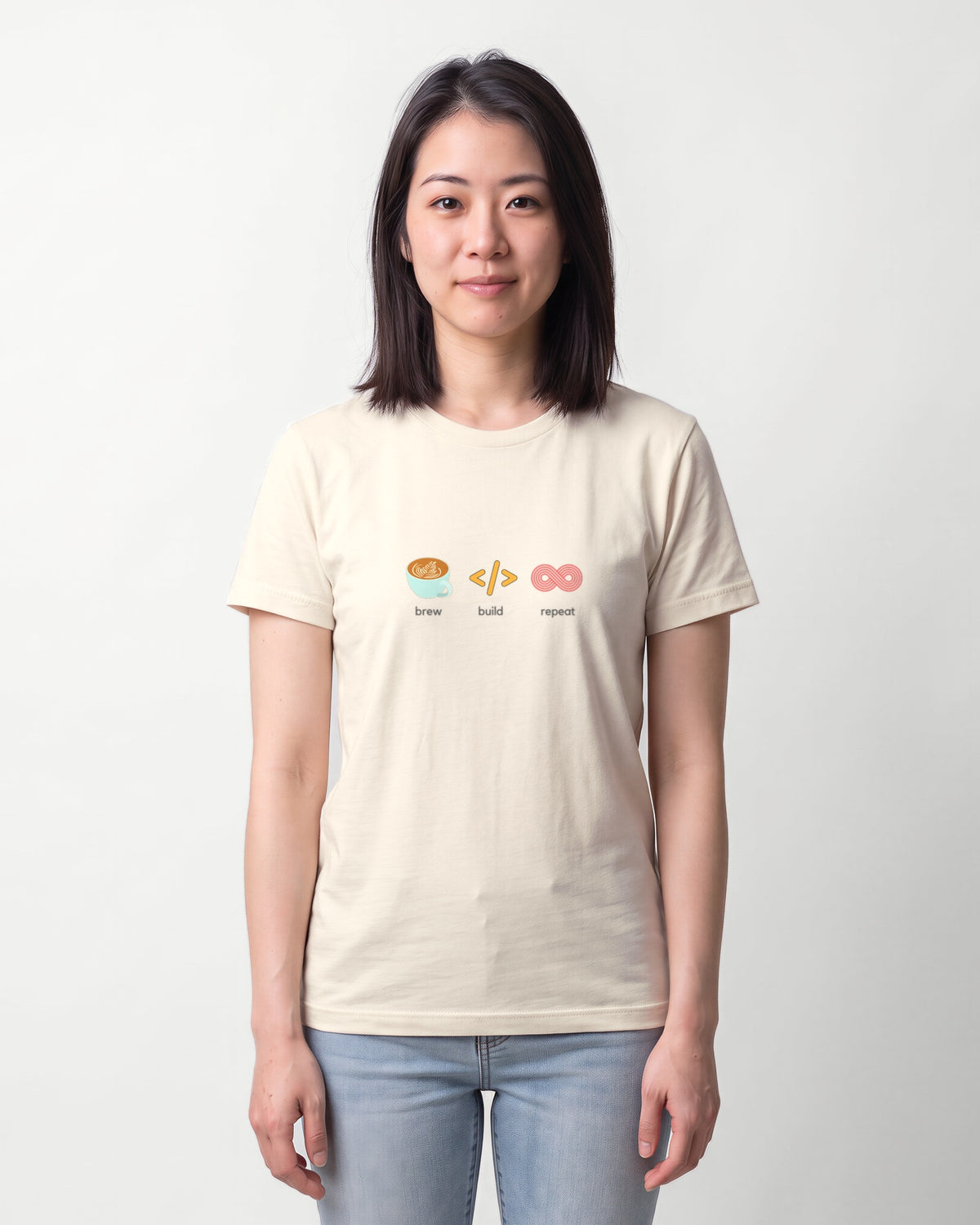 Brew Build Repeat in Natural on Bella+Canvas 3001, worn by Sophie. AI-generated model.