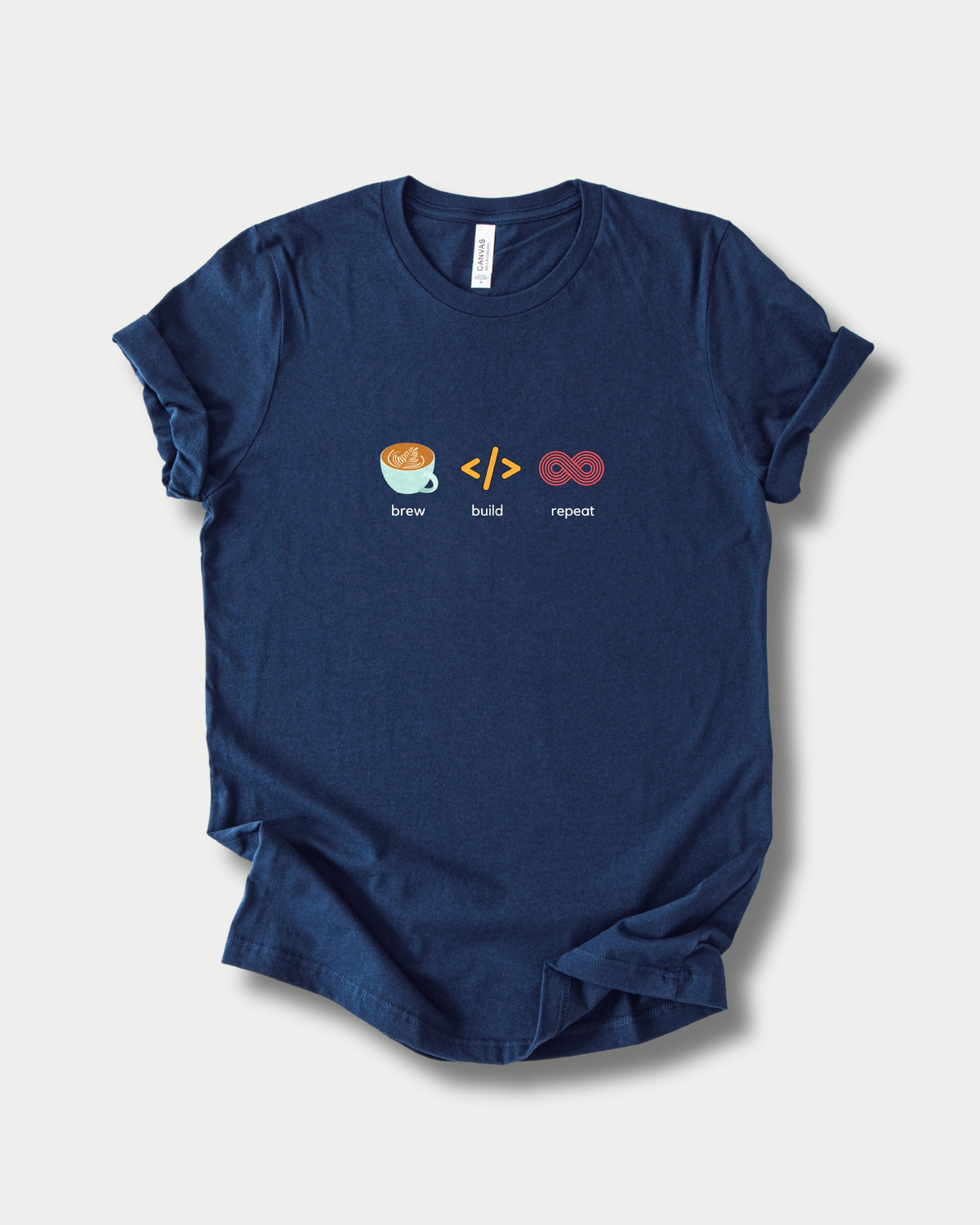 Brew Build Repeat in Navy on Bella+Canvas 3001, laid flat.