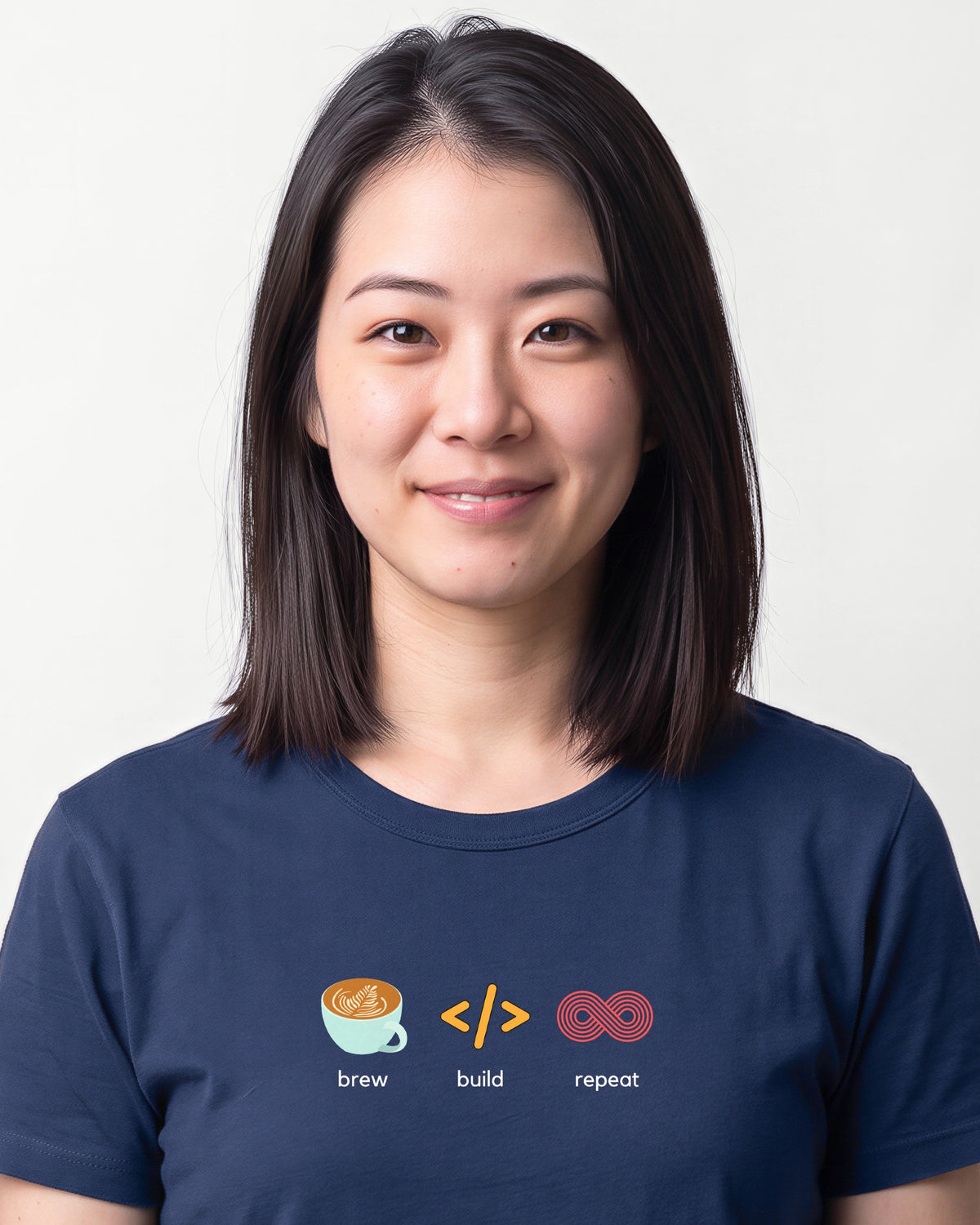 Brew Build Repeat in Navy on Bella+Canvas 3001, worn by Sophie. AI-generated model.