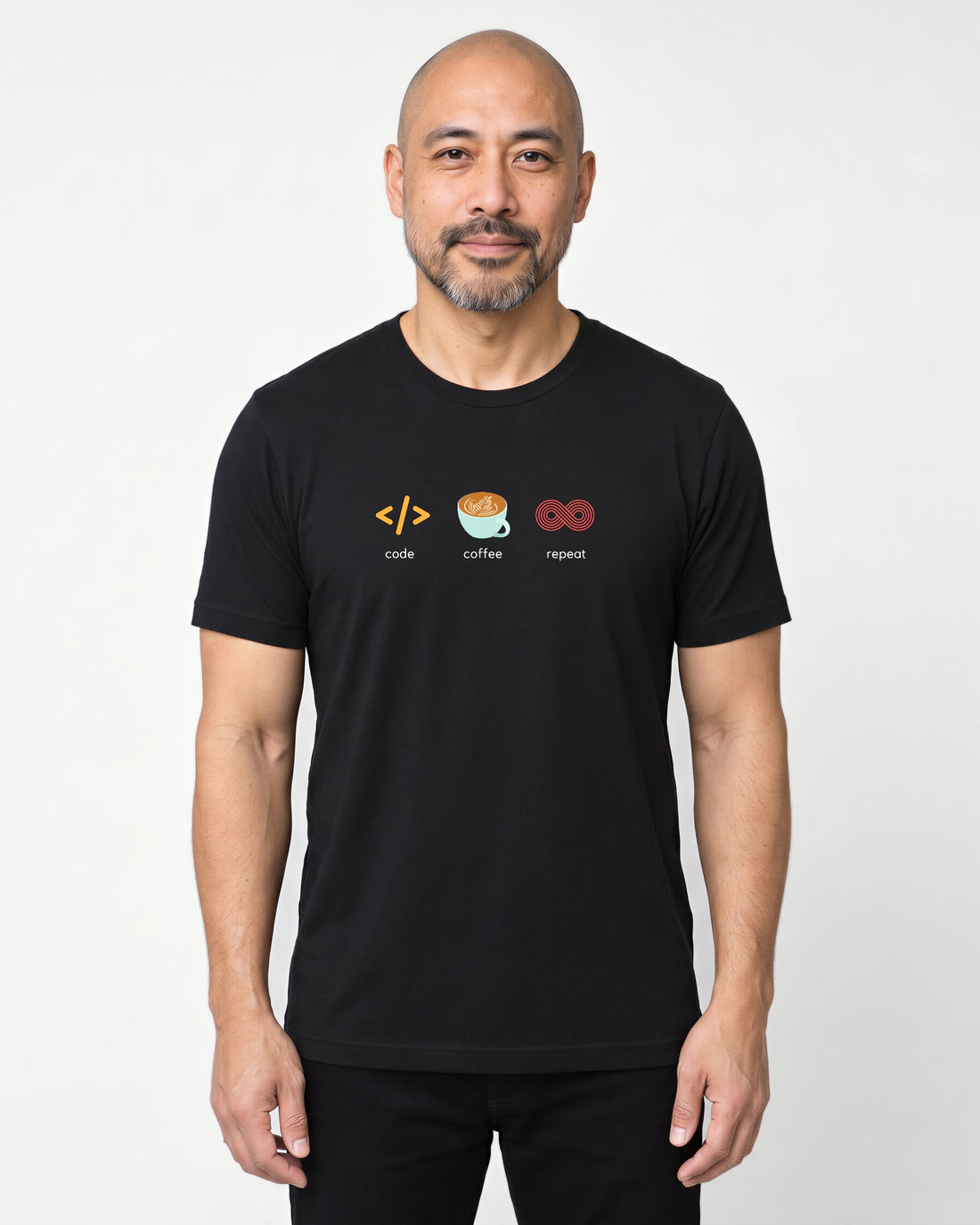 Code, Coffee, Repeat in Black on Bella+Canvas 3001, worn by Oliver. AI-generated model.