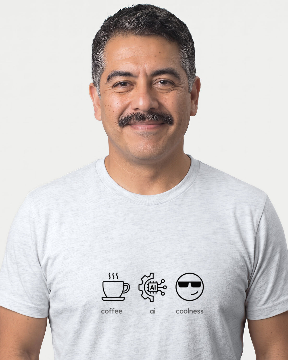 Coffee Ai Coolness in Ash on Bella+Canvas 3001, worn by Mateo. AI-generated model.