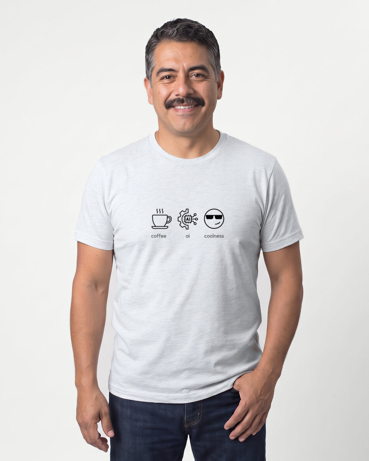 Coffee Ai Coolness in Ash on Bella+Canvas 3001, worn by Mateo. AI-generated model.