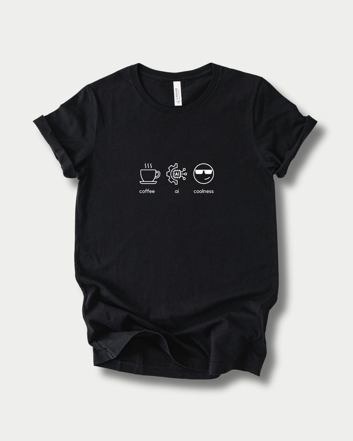 Coffee Ai Coolness in Black on Bella+Canvas 3001, laid flat.