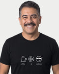 Coffee Ai Coolness in Black on Bella+Canvas 3001, worn by Mateo. AI-generated model.