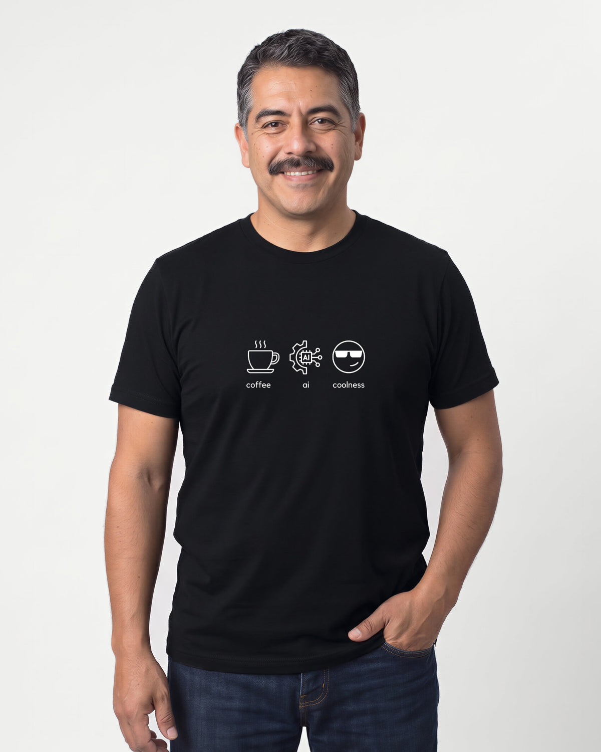 Coffee Ai Coolness in Black on Bella+Canvas 3001, worn by Mateo. AI-generated model.
