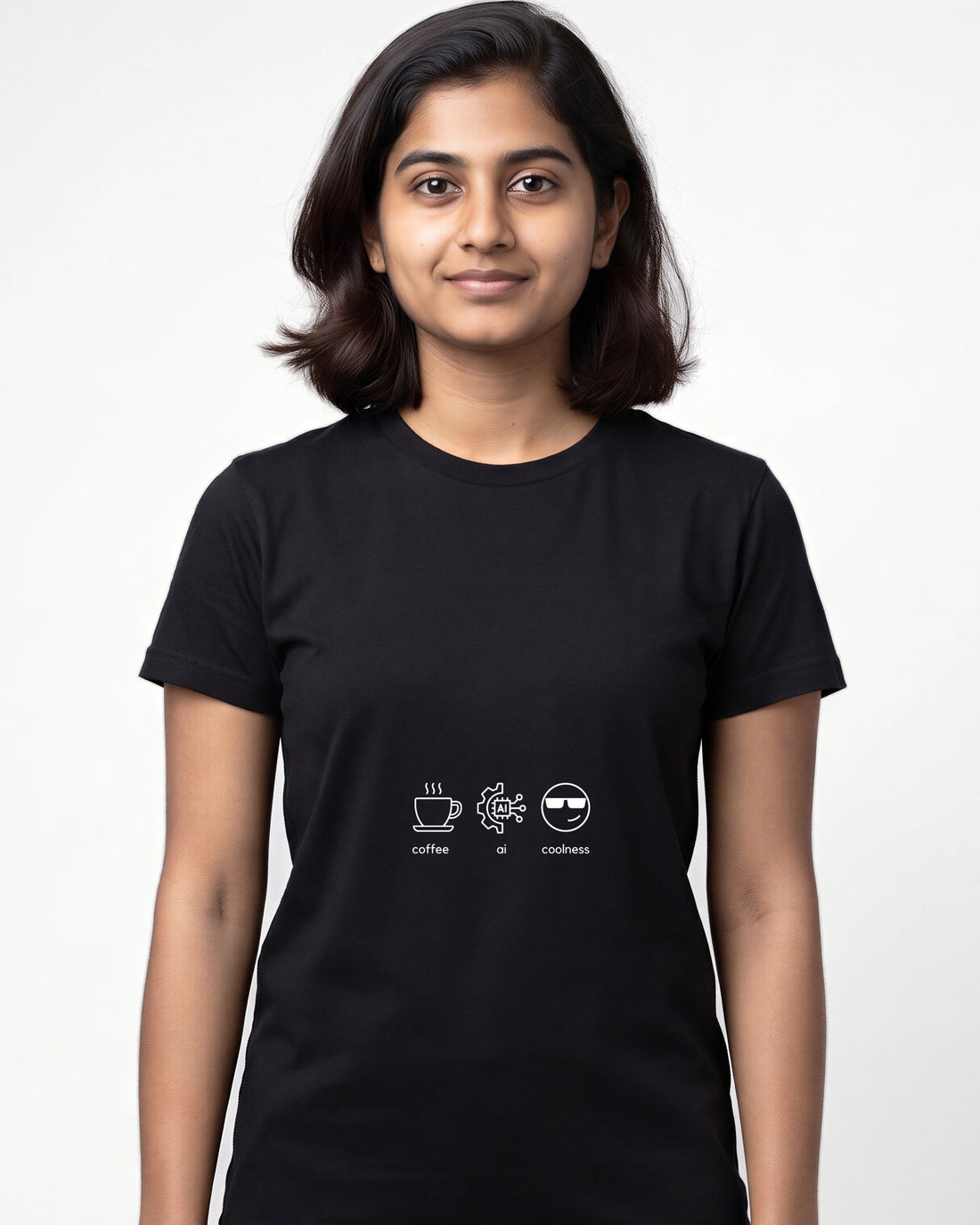Coffee Ai Coolness in Black on Bella+Canvas 3001, worn by Maya. AI-generated model.