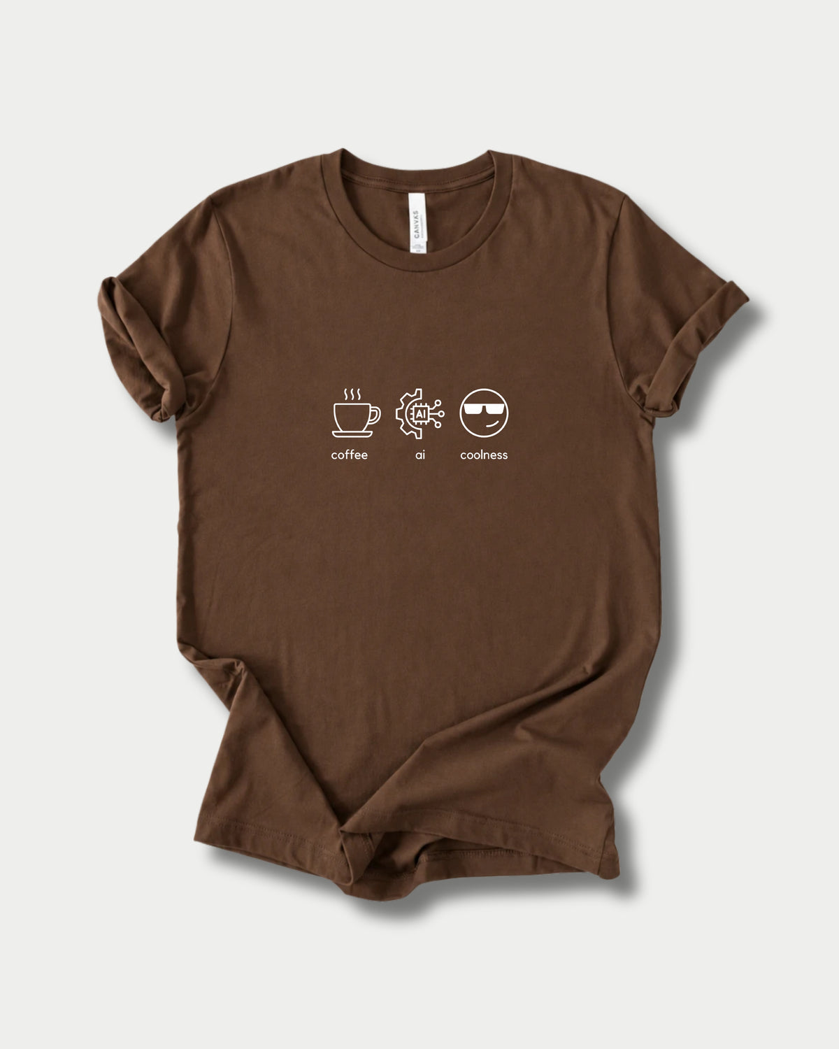 Coffee Ai Coolness in Brown on Bella+Canvas 3001, laid flat.