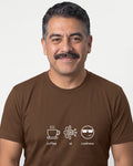 Coffee Ai Coolness in Brown on Bella+Canvas 3001, worn by Mateo. AI-generated model.
