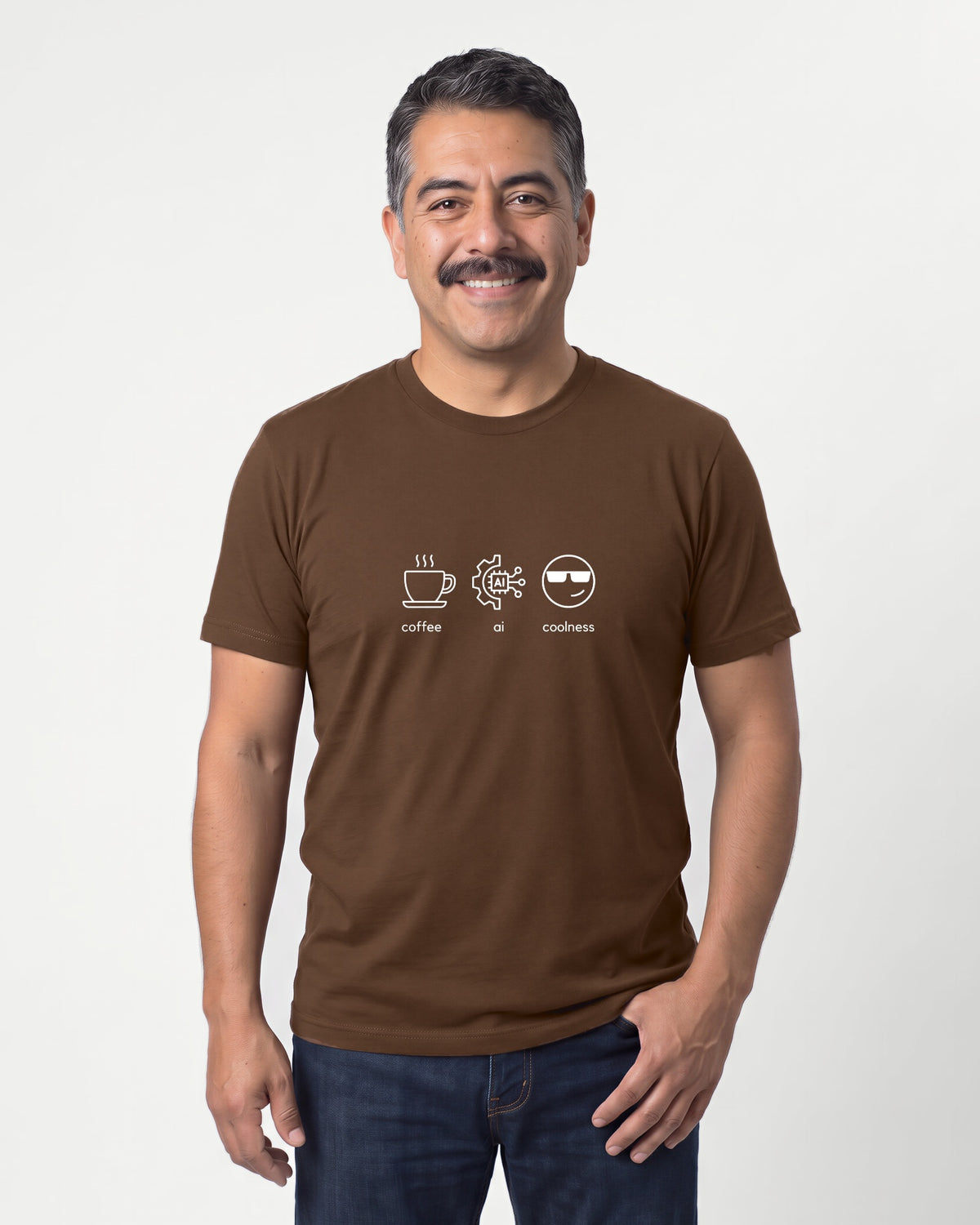 Coffee Ai Coolness in Brown on Bella+Canvas 3001, worn by Mateo. AI-generated model.