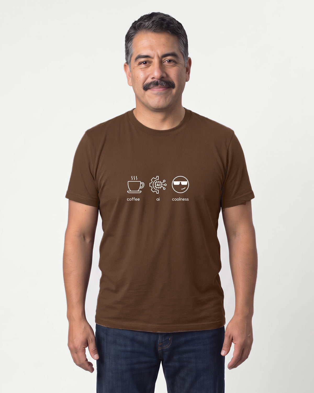 Coffee Ai Coolness in Brown on Bella+Canvas 3001, worn by Mateo. AI-generated model.