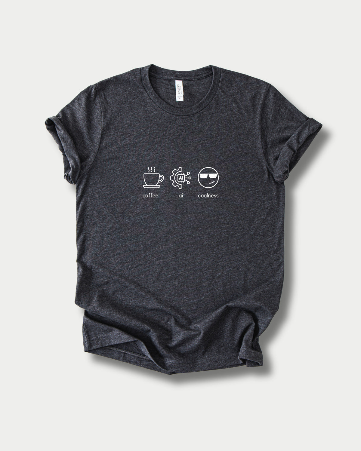 Coffee Ai Coolness in Dark Grey Heather on Bella+Canvas 3001, laid flat.