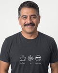 Coffee Ai Coolness in Dark Grey Heather on Bella+Canvas 3001, worn by Mateo. AI-generated model.