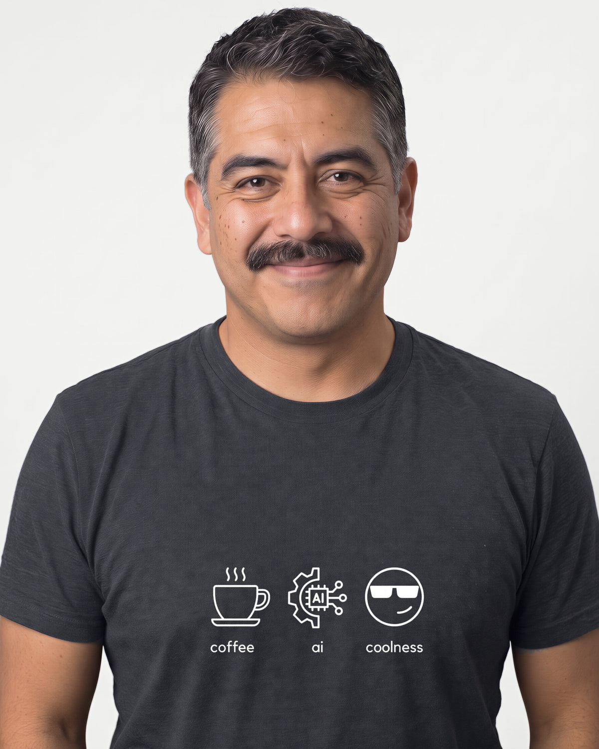 Coffee Ai Coolness in Dark Grey Heather on Bella+Canvas 3001, worn by Mateo. AI-generated model.