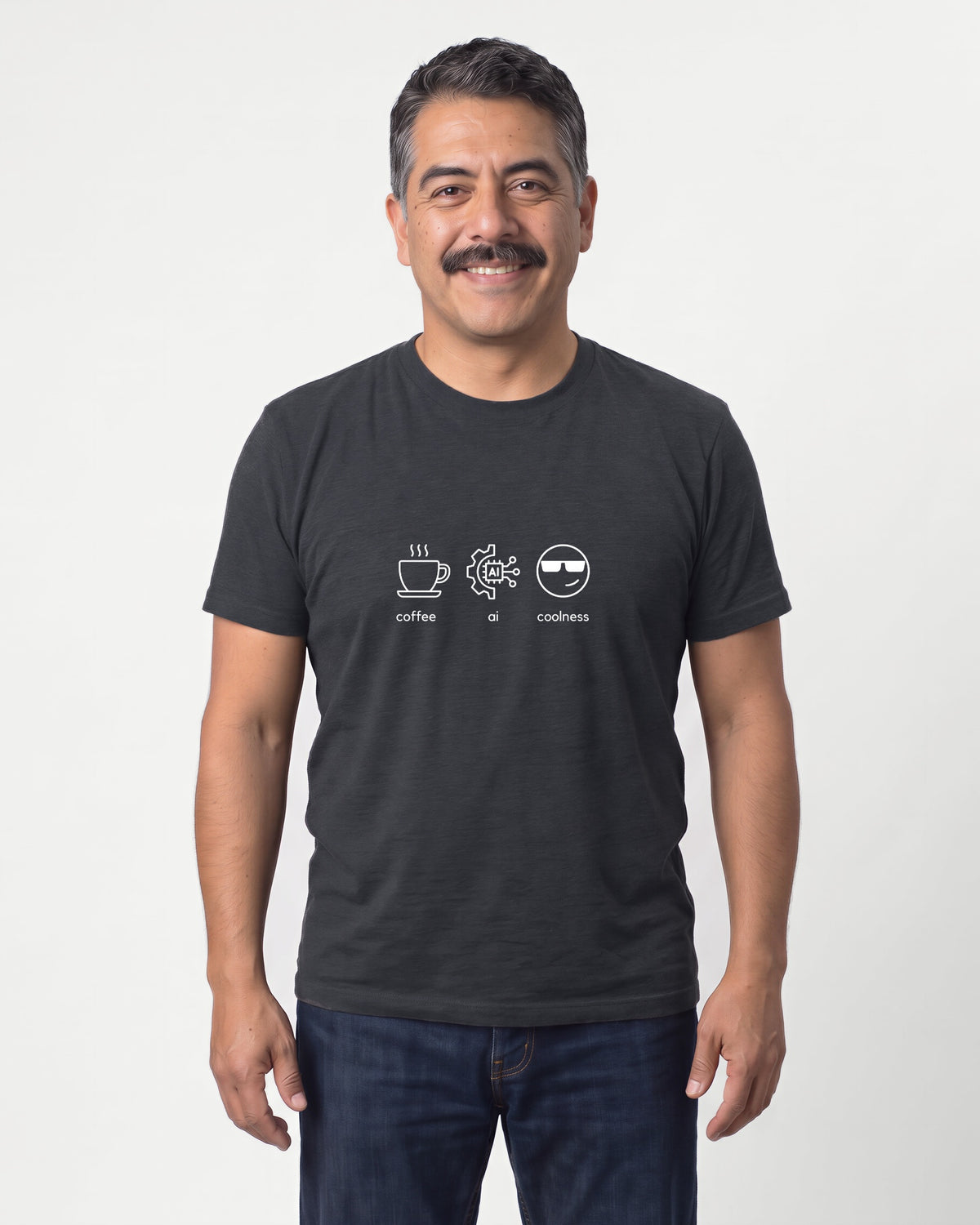 Coffee Ai Coolness in Dark Grey Heather on Bella+Canvas 3001, worn by Mateo. AI-generated model.