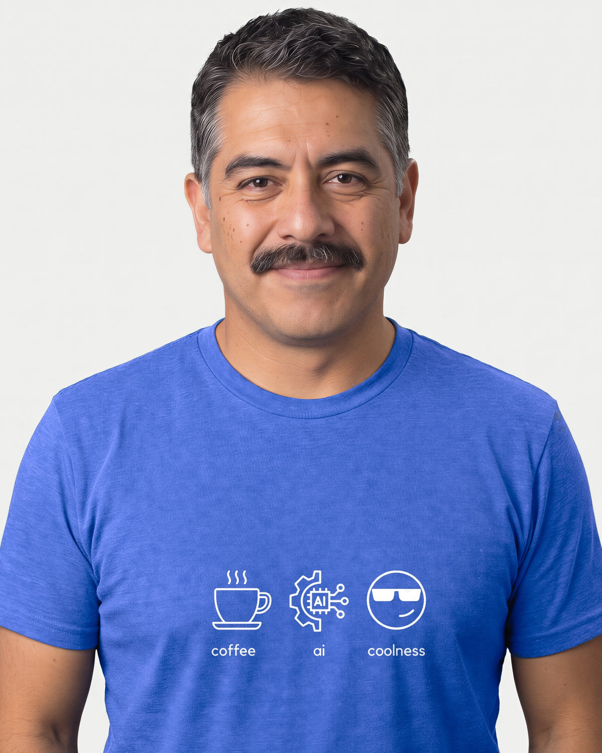 Coffee Ai Coolness in Heather True Royal on Bella+Canvas 3001, worn by Mateo. AI-generated model.