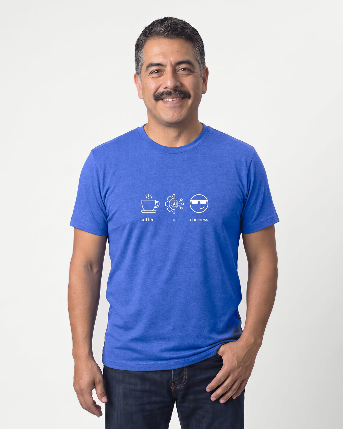 Coffee Ai Coolness in Heather True Royal on Bella+Canvas 3001, worn by Mateo. AI-generated model.