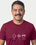 Coffee Ai Coolness in Maroon on Bella+Canvas 3001, worn by Mateo. AI-generated model.