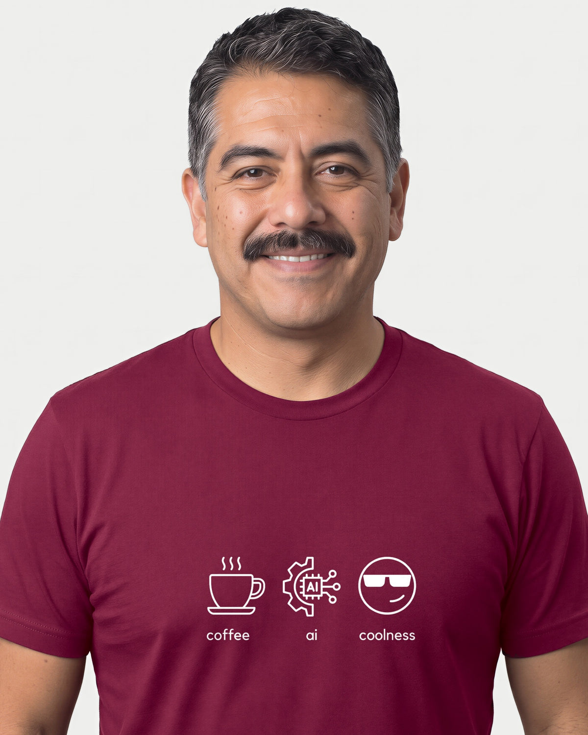 Coffee Ai Coolness in Maroon on Bella+Canvas 3001, worn by Mateo. AI-generated model.