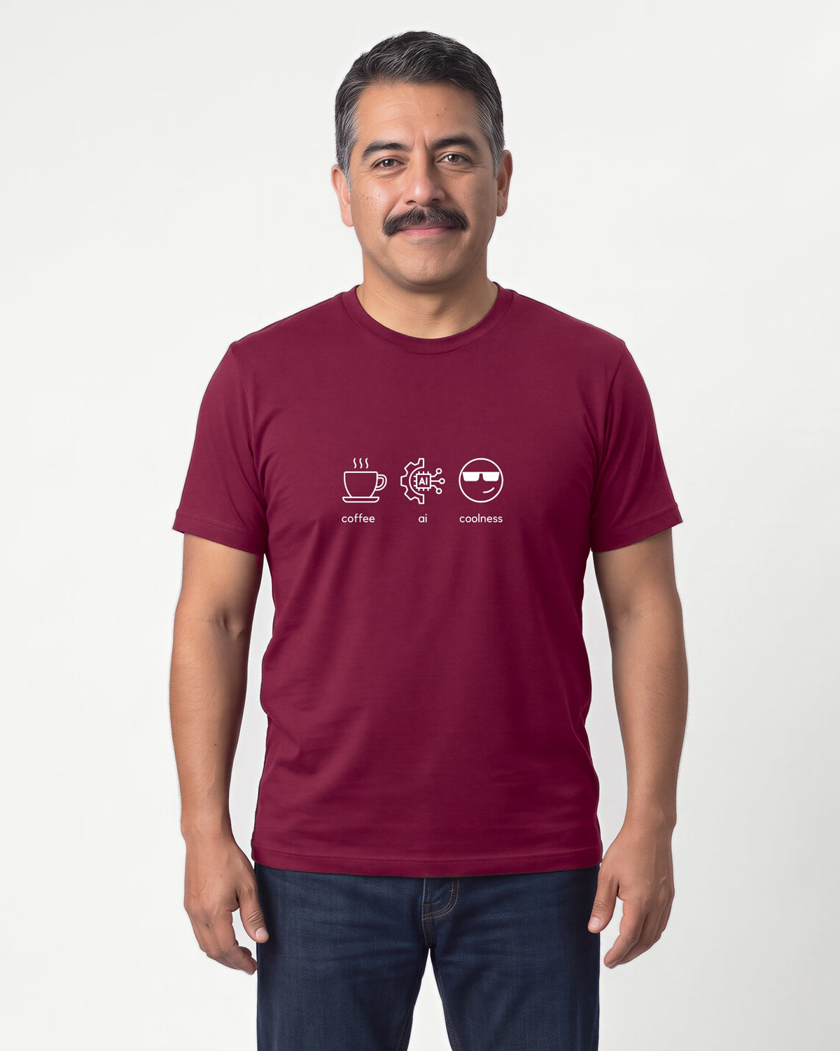 Coffee Ai Coolness in Maroon on Bella+Canvas 3001, worn by Mateo. AI-generated model.