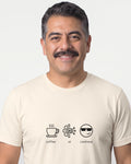 Coffee Ai Coolness in Natural on Bella+Canvas 3001, worn by Mateo. AI-generated model.