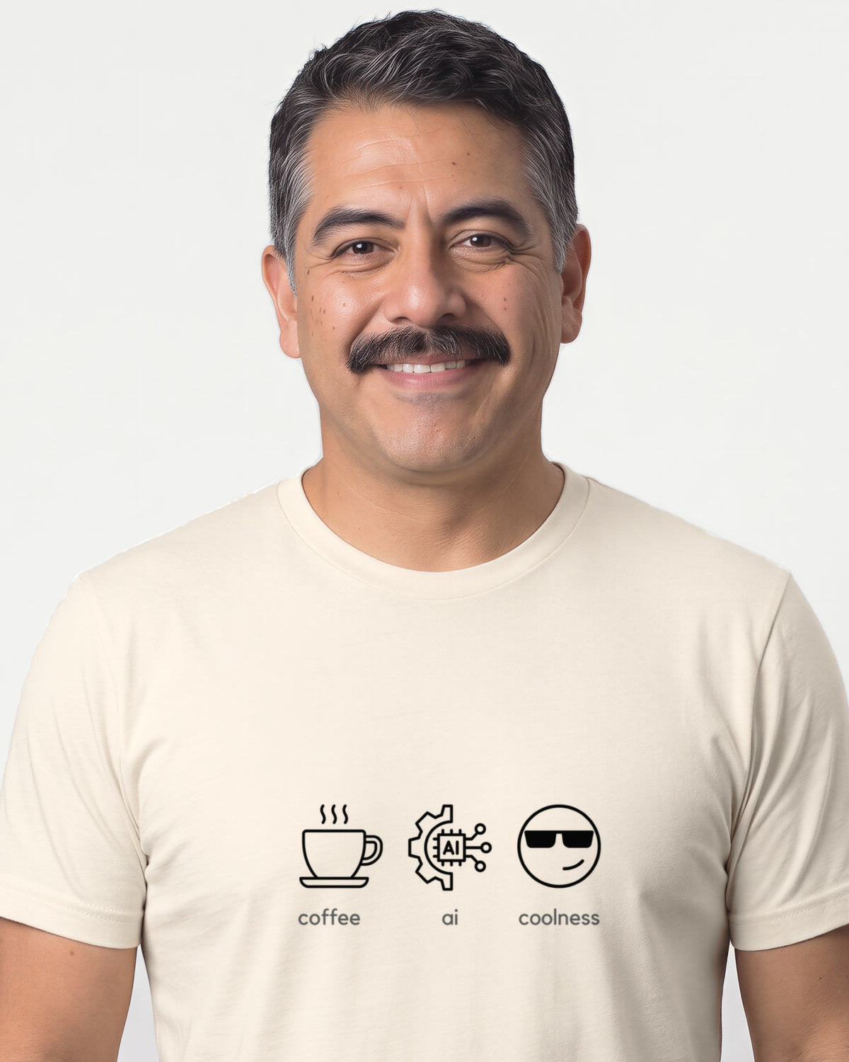 Coffee Ai Coolness in Natural on Bella+Canvas 3001, worn by Mateo. AI-generated model.