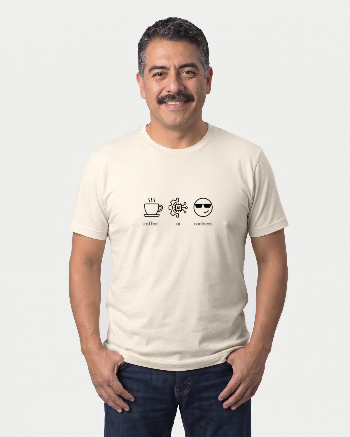 Coffee Ai Coolness in Natural on Bella+Canvas 3001, worn by Mateo. AI-generated model.