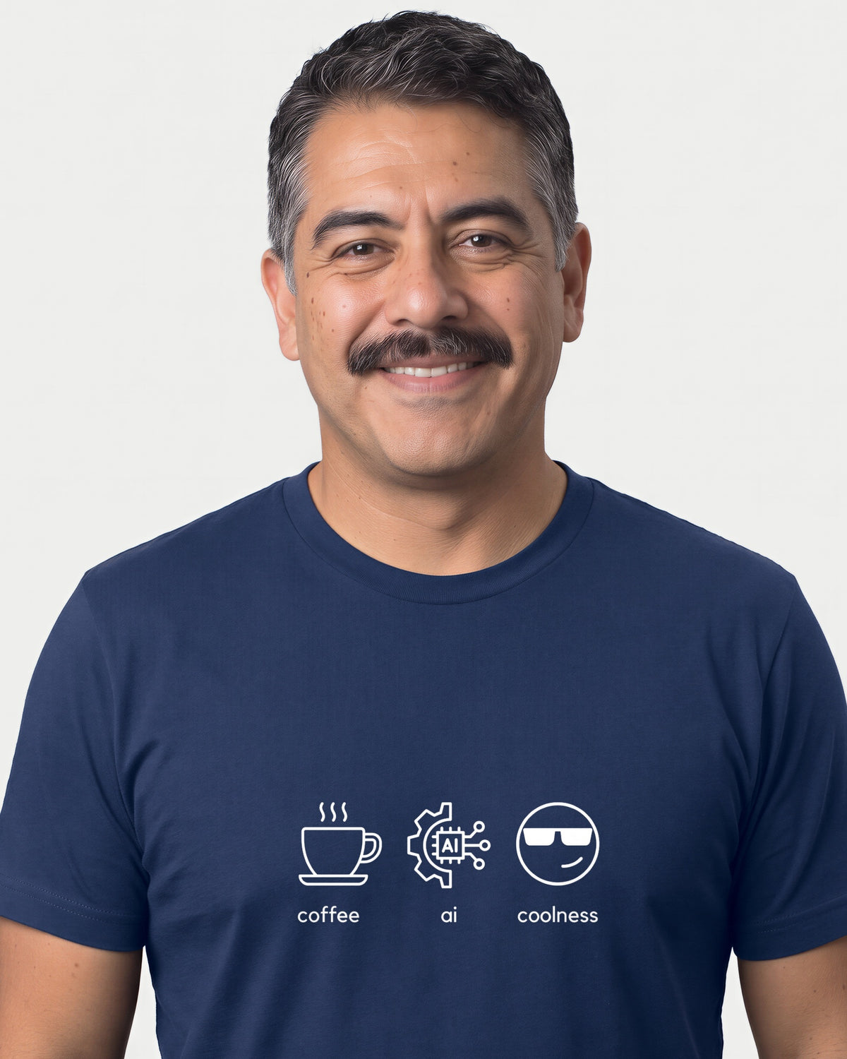 Coffee Ai Coolness in Navy on Bella+Canvas 3001, worn by Mateo. AI-generated model.