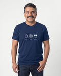 Coffee Ai Coolness in Navy on Bella+Canvas 3001, worn by Mateo. AI-generated model.