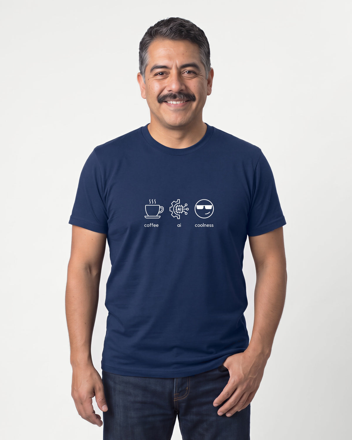 Coffee Ai Coolness in Navy on Bella+Canvas 3001, worn by Mateo. AI-generated model.
