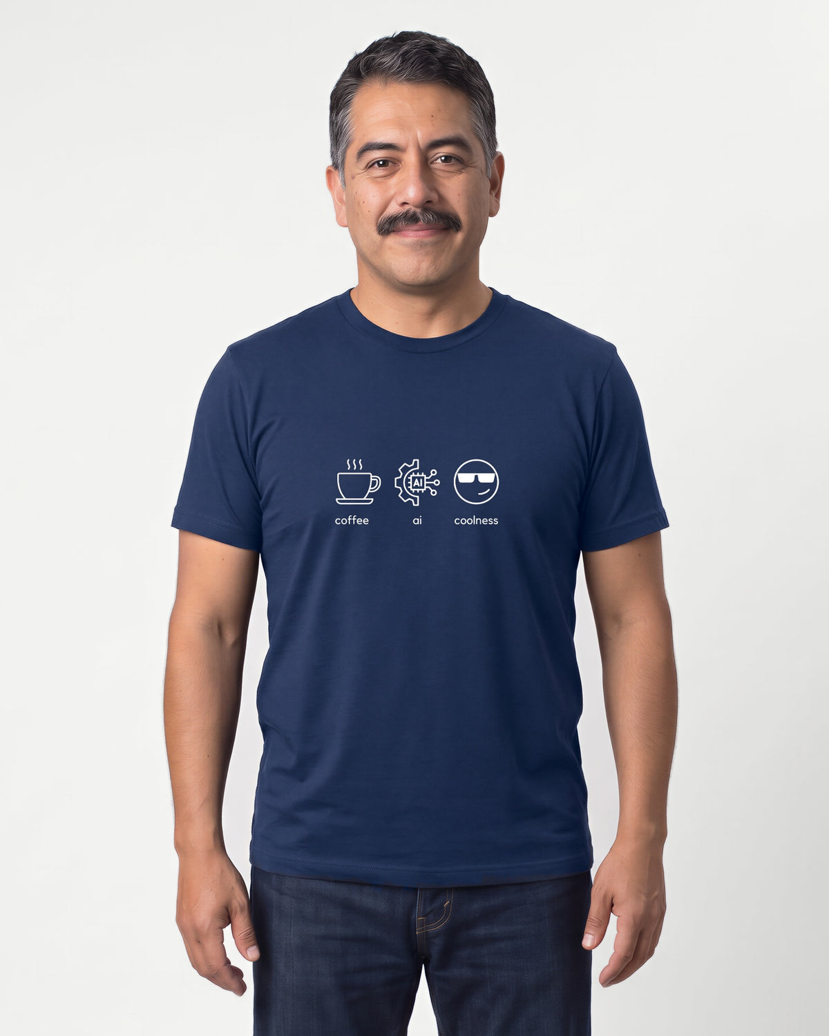 Coffee Ai Coolness in Navy on Bella+Canvas 3001, worn by Mateo. AI-generated model.
