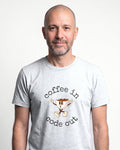 Coffee In Code Out in Ash on Bella+Canvas 3001, worn by Oliver. AI-generated model.