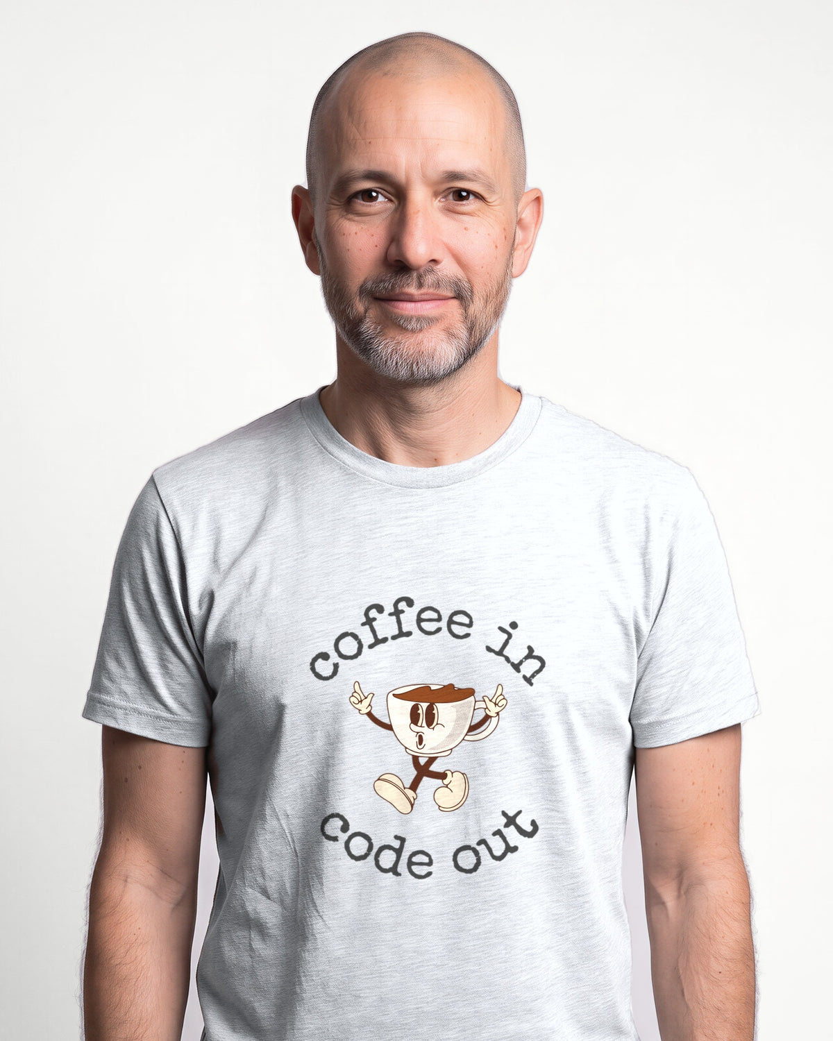 Coffee In Code Out in Ash on Bella+Canvas 3001, worn by Oliver. AI-generated model.