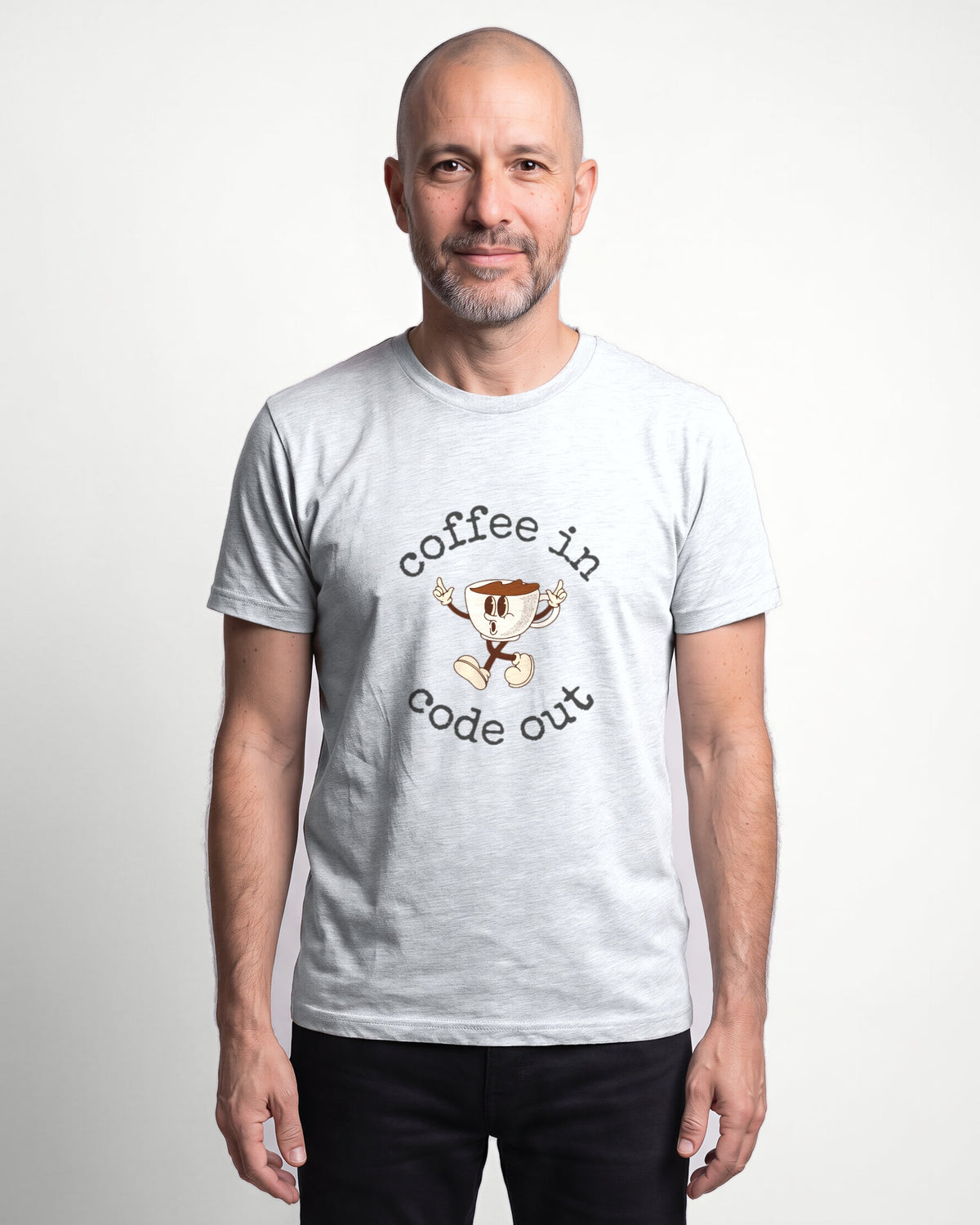 Coffee In Code Out in Ash on Bella+Canvas 3001, worn by Oliver. AI-generated model.