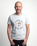 Coffee In Code Out in Ash on Bella+Canvas 3001, worn by Oliver. AI-generated model.